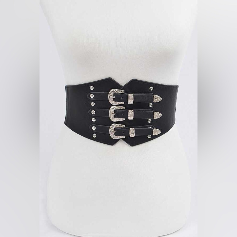Vegan Leather Triple Buckle Corset Statement Belt - Picture 4 of 7